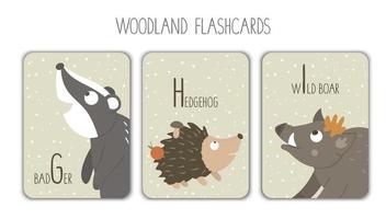 Colorful alphabet letters G, H, I. Phonics flashcard. Cute woodland themed ABC cards for teaching reading with funny badger, hedgehog, wild boar.