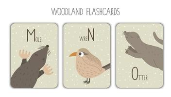 Colorful alphabet letters M, N, O. Phonics flashcard. Cute woodland themed ABC cards for teaching reading with funny mole, wren, otter. vector