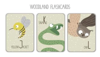 Colorful alphabet letters J, K, L. Phonics flashcard. Cute woodland themed ABC cards for teaching reading with funny yellow jacket, snake, owl. vector