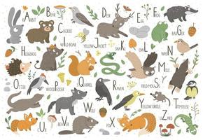 Woodland alphabet for children. Cute flat ABC with forest animals. Horizontal layout funny poster for teaching reading on white background.