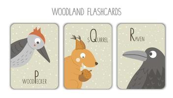 Colorful alphabet letters P, Q, R. Phonics flashcard. Cute woodland themed ABC cards for teaching reading with funny woodpecker, squirrel, raven. vector