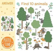 Searching game for children with animals and trees in the forest. Woodland topic. Cute funny smiling characters. Find hidden animals. vector