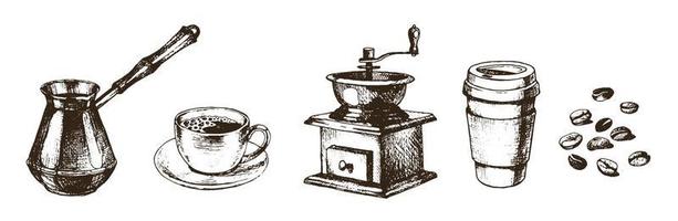 colección de café vectorial en estilo dibujado a mano con tinta. taza de café, café para llevar taza de papel, cezve, molinillo de café, frijoles, aislado en blanco vector