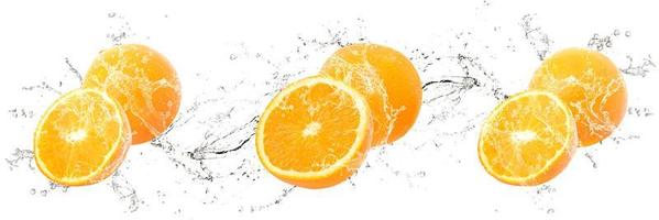 Fresh Oranges and slices with water splash and drops on isolated white background, Citrus Fruit Renders photo