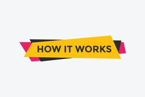 How it works text button. How it works sign speech bubble. Web banner label template. Vector Illustration
