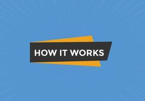 How it works text button. How it works sign speech bubble. Web banner label template. Vector Illustration