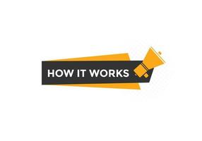 How it works text button. How it works sign speech bubble. Web banner label template. Vector Illustration