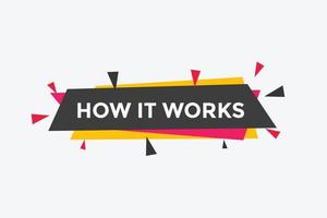 How it works text button. How it works sign speech bubble. Web banner label template. Vector Illustration