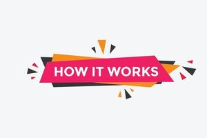 How it works text button. How it works sign speech bubble. Web banner label template. Vector Illustration