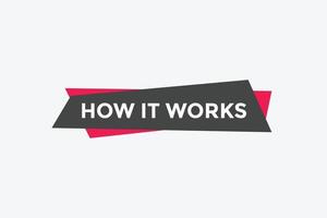 How it works text button. How it works sign speech bubble. Web banner label template. Vector Illustration