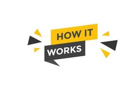 How it works text button. How it works sign speech bubble. Web banner label template. Vector Illustration