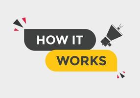 How it works text button. How it works sign speech bubble. Web banner label template. Vector Illustration