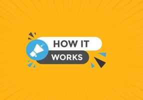 How it works Colorful label sign template. How it works symbol web banner vector