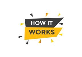 How it works text button. How it works sign speech bubble. Web banner label template. Vector Illustration