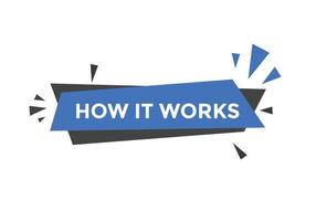 How it works text button. How it works sign speech bubble. Web banner label template. Vector Illustration