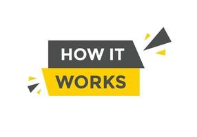 How it works text button. How it works sign speech bubble. Web banner label template. Vector Illustration