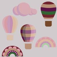 Seamless pattern with hot air balloon, cloud and rainbow. Vector illustration.