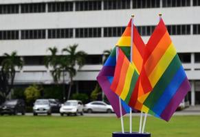 Rainbow flags, symbol of lgbt gender diversity, showing in front of grass court of school playground, blurred building background, concept for lgbt celebrations in pride month, june, over the world. photo