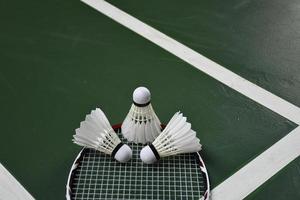 Cream white badminton shuttlecocks and rackets on green floor in indoor badminton court photo