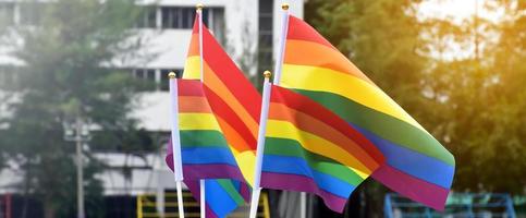 Rainbow flags, symbol of lgbt gender diversity, showing in front of grass court of school playground, blurred building background, concept for lgbt celebrations in pride month, june, over the world. photo