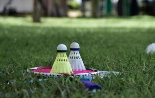 Outdoor badminton playing equipments on green lawn. photo