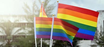 Rainbow flags, symbol of lgbt gender diversity, showing in front of grass court of school playground, blurred building background, concept for lgbt celebrations in pride month, june, over the world. photo