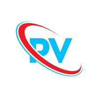 logotipo de p.v. diseño fotovoltaico. letra pv azul y roja. diseño de logotipo de letra pv. letra inicial pv círculo vinculado logotipo de monograma en mayúsculas. vector