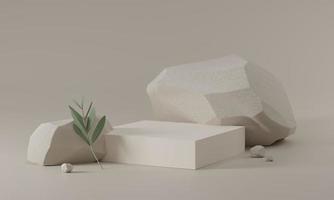 Abstract white square pedestal podium with stone and leaf, Product display podium in room, 3d rendering studio with geometric shapes, Cosmetic product minimal scene with platform photo