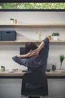 Young woman freelancer with computer in room area, Woman working at the desk, Freelance artist photo