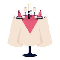 Beautiful romantic dinner. Romantic setting. Reserved table for two with white tablecloth, cutlery, glasses for wine, candles with candlesticks, napkins, plates. Vector cartoon illustration isolated