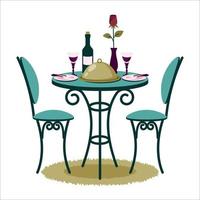Beautiful romantic dinner for two isolated. Romantic setting. Vintage table, chairs are standing on carpet, wineglasses, rose, bottle of wine, dish, cutlery, dish. Vector flat cartoon illustration.