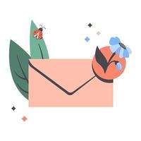 Message notification, sending message. Mail envelope with new incoming message with flower, plants, ladybug. Good news notification concept, communication.  Vector flat cartoon illustration