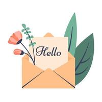 carta de saludo sobre abierto con carta, hermosas flores de primavera, hojas. concepto de leer buenas noticias, currículum, mirar el correo, recibir buenas noticias. ilustración de dibujos animados plano vectorial vector