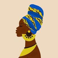 African beautiful woman. Female ethnicity character in national dress, ornaments, turban.  Portrait art. Young African American girl for avatar, card, fashion, beauty. Vector cartoon flat Illustration