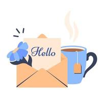 Greeting message. Open envelope with letter, flower, cup of tea. The concept of taking a rest break, viewing the mail, getting good news. Morning tea time. Vector flat cartoon illustration