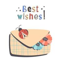 Mail envelope with Greeting message. Cute envelope with beautiful colorful flowers, butterfly, ladybug. Best wishes. Good news notification concept, communication. Vector flat cartoon illustration