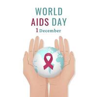 World AIDS DAY. AIDS awareness. Red ribbon  and world in hands on white background. Vector illustration.