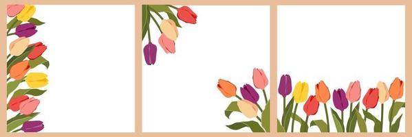 conjunto de fondo de tulipanes. diseño floral de primavera. plantilla florística para diseño de verano, tarjeta de saludo, pancarta, afiche, publicidad, industria cosmética con espacio de texto. ilustración vectorial plana vector