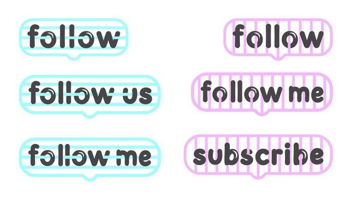 Black text follow us, subscribe, follow with blue and pink buttons isolated on white background. Button icon. Concept of promotion in social networks, attracting subscribers. Vector.
