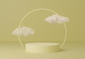 Abstract yellow round corner pedestal podium with cloud, Product display podium in sky, 3d rendering studio with geometric shapes, Cosmetic product minimal scene with platform, Stand to show products photo