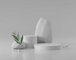 Abstract white round corner pedestal podium with stone and leaf, Product display podium in room, 3d rendering studio with geometric shapes, Cosmetic product minimal scene with platform photo