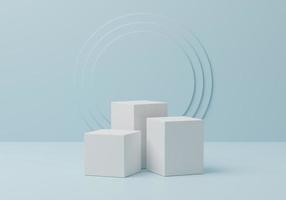 Group 3d jewelry showcase white podium in blue background, Abstract geometric podium with shapes, 3d rendering studio for cosmetic product minimal scene with platform photo