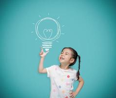 Asian child girl pointing at the blackboard with imagination the light bulb, Creative and dreams of childhood concept photo