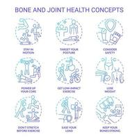 Bone and joint health blue gradient concept icons set. Healthy lifestyle choices idea thin line color illustrations. Stay in motion. Isolated symbols. Roboto-Medium, Myriad Pro-Bold fonts used vector