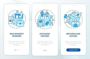 Migration pathways blue onboarding mobile app screen. Permissions walkthrough 3 steps graphic instructions pages with linear concepts. UI, UX, GUI template. Myriad Pro-Bold, Regular fonts used vector