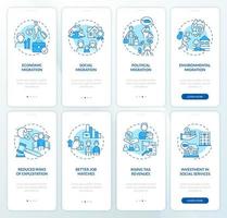 Legal migration blue onboarding mobile app screen set. Relocation abroad walkthrough 4 steps graphic instructions pages with linear concepts. UI, UX, GUI template. Myriad Pro-Bold, Regular fonts used vector