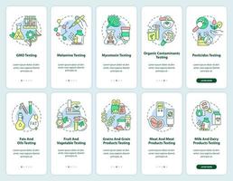 Food testing laboratory onboarding mobile app screen set. Analysis walkthrough 5 steps graphic instructions pages with linear concepts. UI, UX, GUI template. Myriad Pro-Bold, Regular fonts used vector