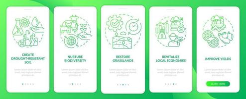 Regenerative culture green gradient onboarding mobile app screen. Walkthrough 5 steps graphic instructions pages with linear concepts. UI, UX, GUI template. Myriad Pro-Bold, Regular fonts used vector