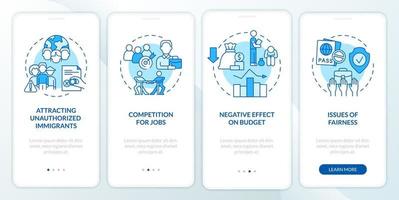 Legalize aliens issue blue onboarding mobile app screen. Walkthrough 4 steps graphic instructions pages with linear concepts. UI, UX, GUI template. Myriad Pro-Bold, Regular fonts used vector
