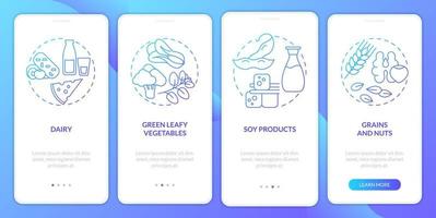Key bone health nutrients blue gradient onboarding mobile app screen. Walkthrough 4 steps graphic instructions pages with linear concepts. UI, UX, GUI template. Myriad Pro-Bold, Regular fonts used vector